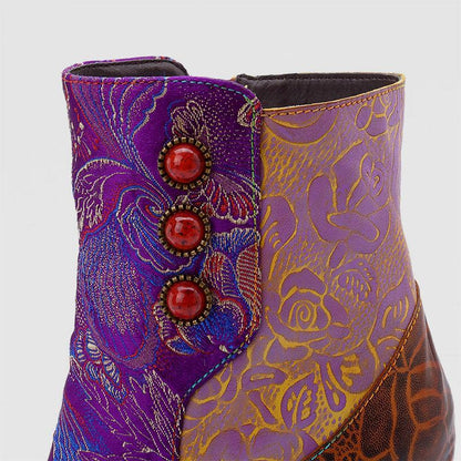 Retro Vintage Printed Leather Block High Heels Ankle Boots