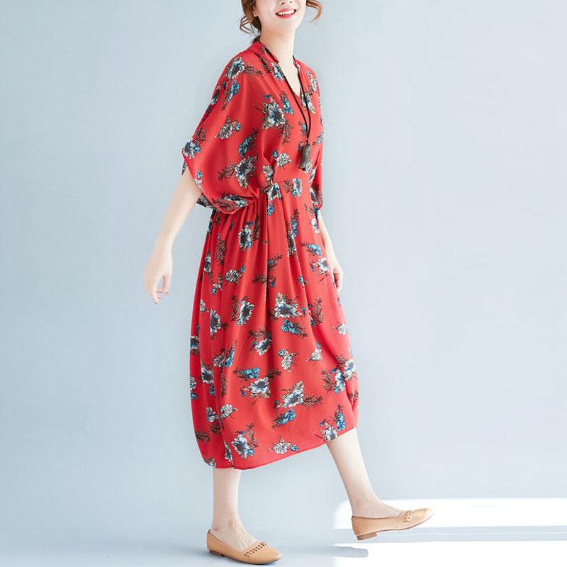V Neck Loose Plus Size Printed Chiffon Dress