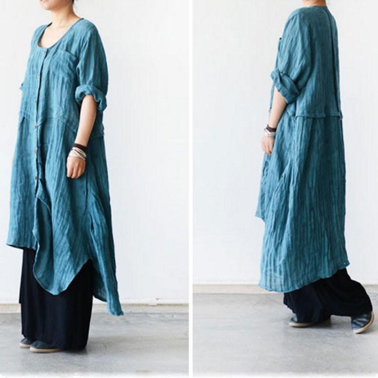 Long Sleeve Linen Flouncing Dress