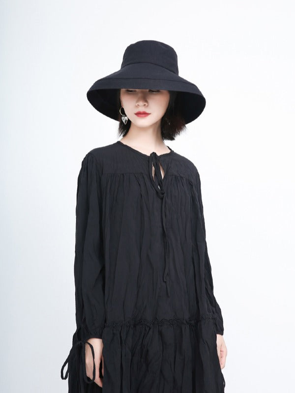 Loose Solid Pleated Lace Up Dress