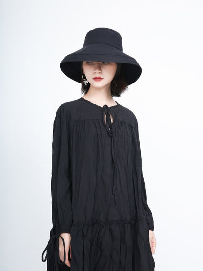 Loose Solid Pleated Lace Up Dress