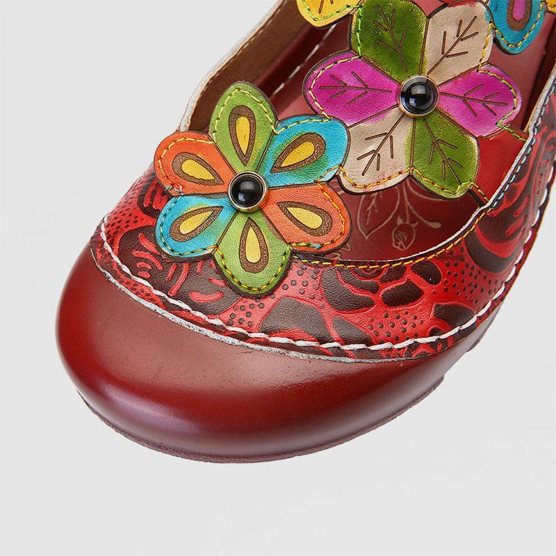 Retro Flower Pattern Handmade Leather Flat Round Head Comfortable Casual Sandals