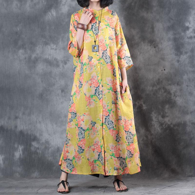 Stand Collar Printed Ramie Single Breasted Women Dress