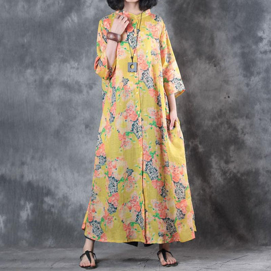 Stand Collar Printed Ramie Single Breasted Women Dress