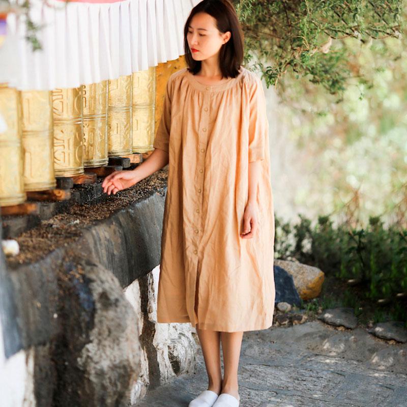 Round Neck Half Sleeve Women Single Breasted Ramie Shirt Dress