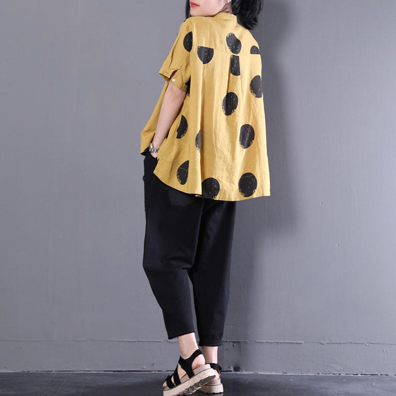 Stand Collar Short Sleeve Loose Cotton Yellow Shirt