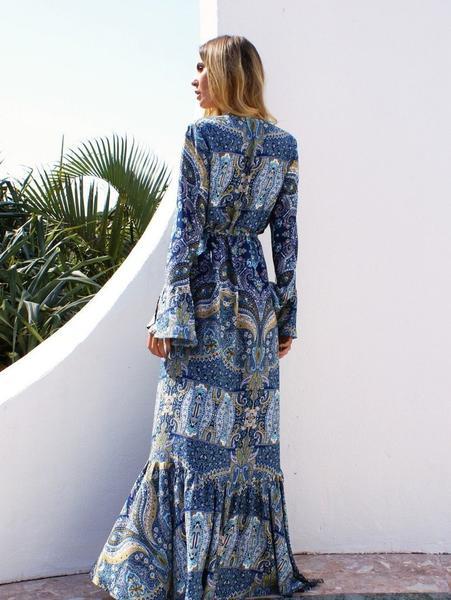 Pretty Chiffon Bohemia Floral Front Split with Tie Long Sleeve Maxi Dress