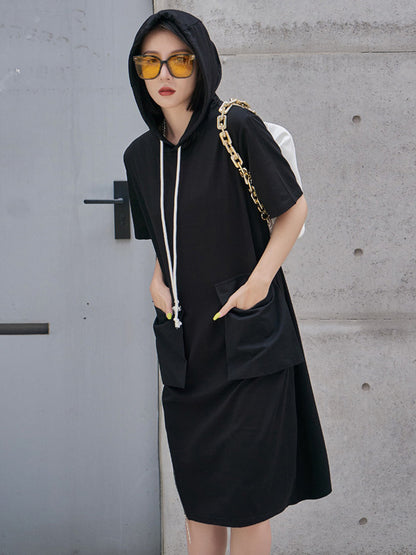 Original Black Zipper Split-Side Hooded H-Line Short Sleeves Midi Dress