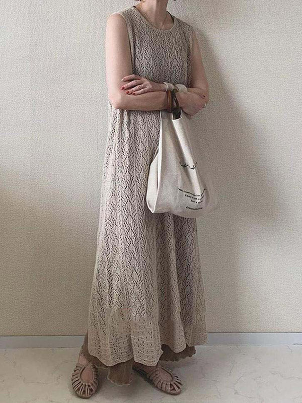 Original Knitting Round-Neck Sleeveless Hollow Split-Back Dress