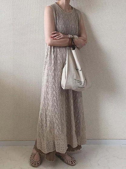 Original Knitting Round-Neck Sleeveless Hollow Split-Back Dress