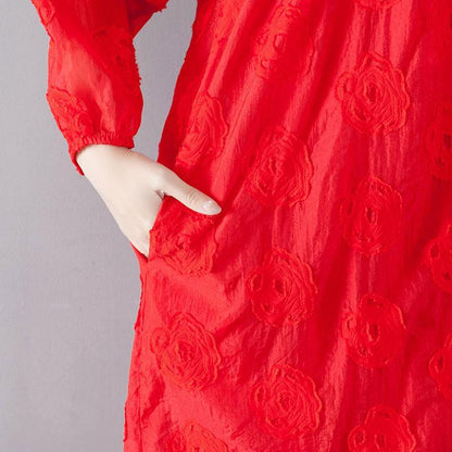 Embroidery Long Sleeve Lacing Single Breasted Red Dress