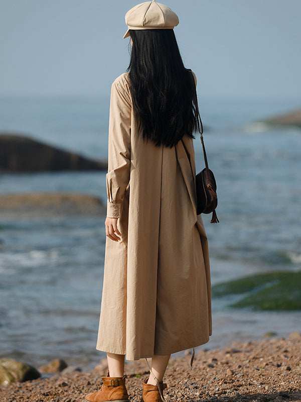 Casual Long Sleeves Loose Tied Asymmetric Solid Color Stand Collar Midi Dresses