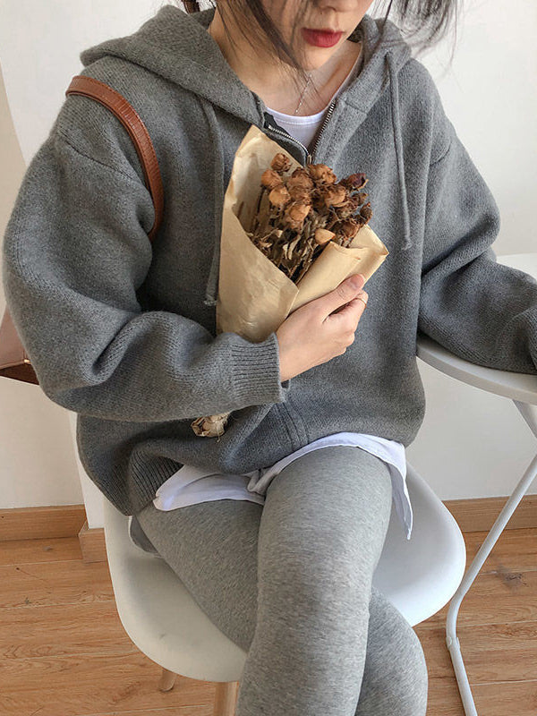 Fashion Solid Knitted Long Sleeves Hooded Outerwear