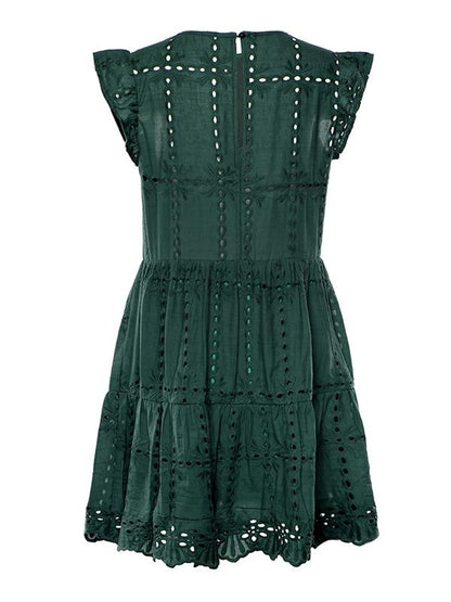 Solid Color Round Neck Hollow Mini Dress