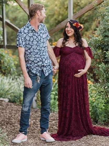 Maternity Lace Falbala Sleeve Maxi Dress