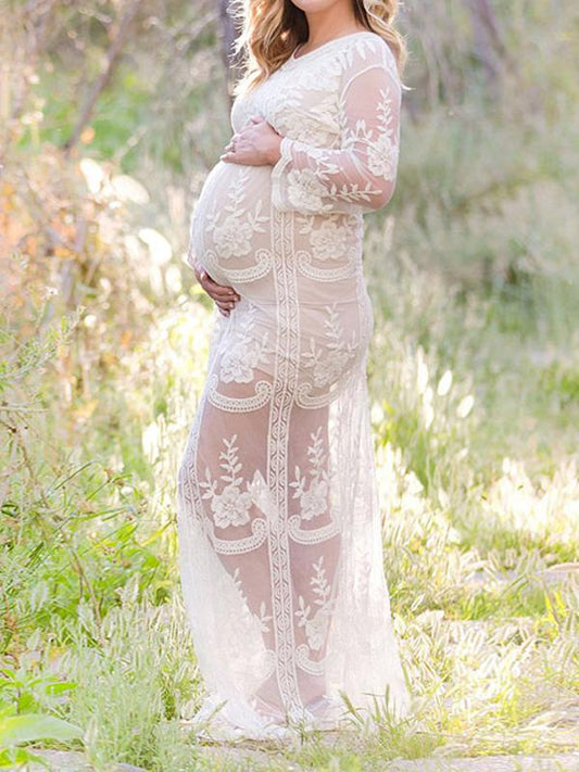 Maternity Hollow Lace Long Sleeve Maxi Dress