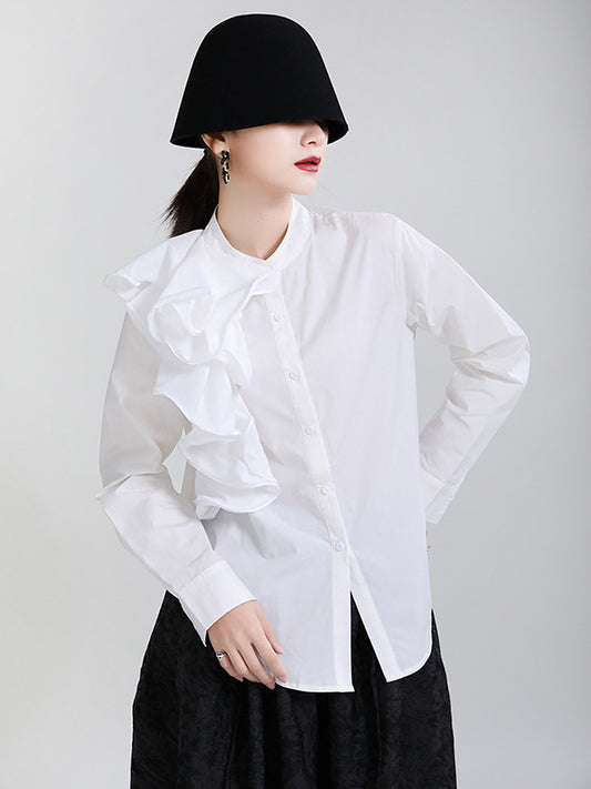 Stylish Falbala Split-Joint Solid Color Buttoned Stand Collar Long Sleeves Blouse