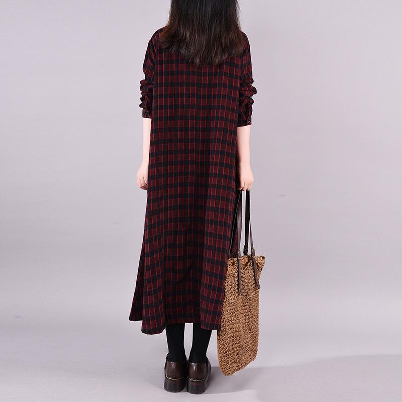 Buykud Long Sleeve Casual Plaid Patchwork Cotton Dress