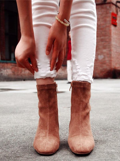 Fashion Solid Zipper Chunky Heel Martin Booties