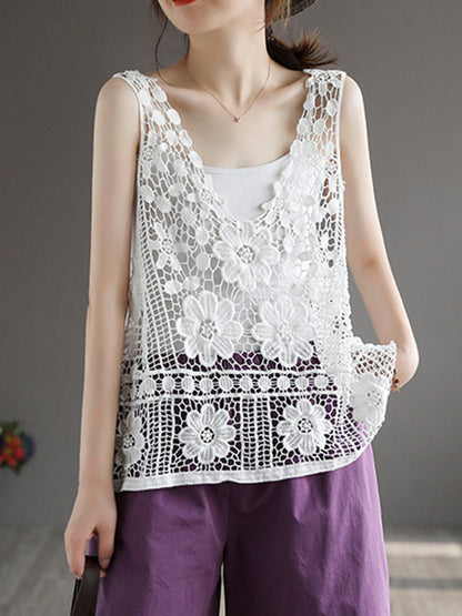 Stylish Solid Color Embroidered V-Neck Vest Tops