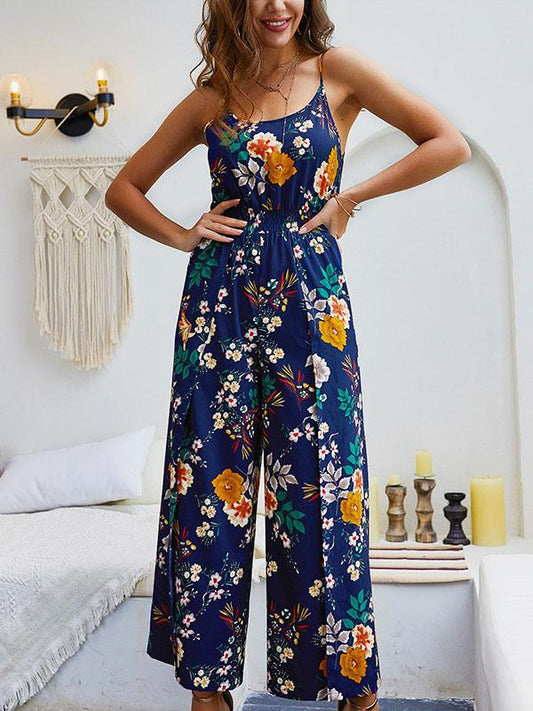 Printed Split-side Spaghetti-neck Jumpsuits
