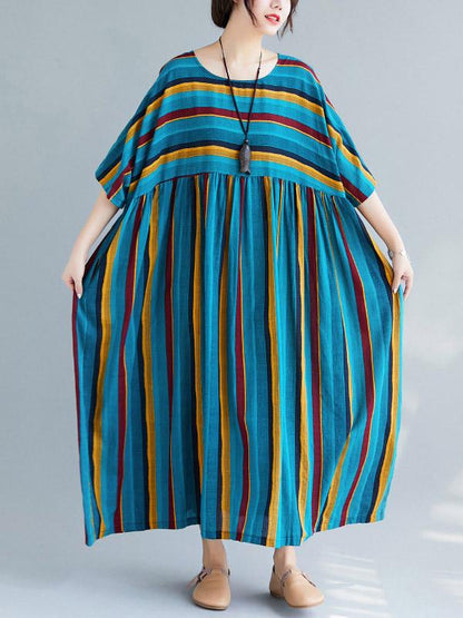 Loose Retro Striped Round-neck Long Dress