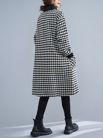 Casual Loose Plaid With Pocket High-Neck Long Sleeves Midi Dress