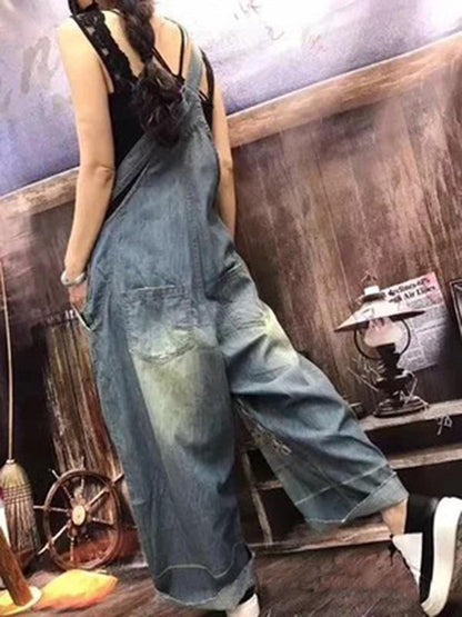 Vintage Denim Embroidered Wide Leg Jumpsuits
