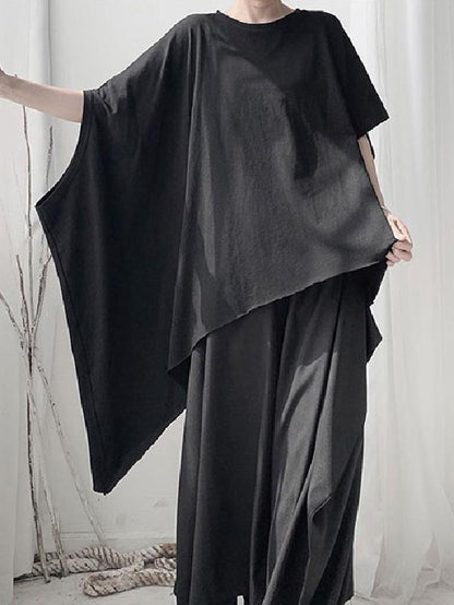 Black Loose Cropped Asymmetric T-shirt Tops