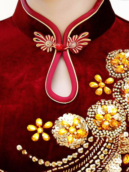 Gracious Beaded Split-side Pleuche Cheongsam