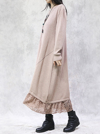 Artistic Retro Solid Color Split-Joint Embroidered Hollow Lace Round-Neck Long Sleeves Knitted Sweater Dress