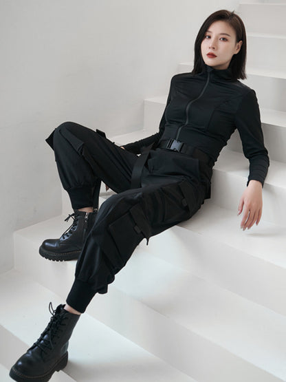 Sports Solid Color Zipper Stand Collar Long Sleeves Outwear