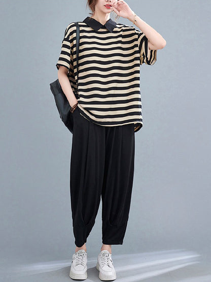 Urban Stripe Half Sleeve Lapel T-Shirt Top