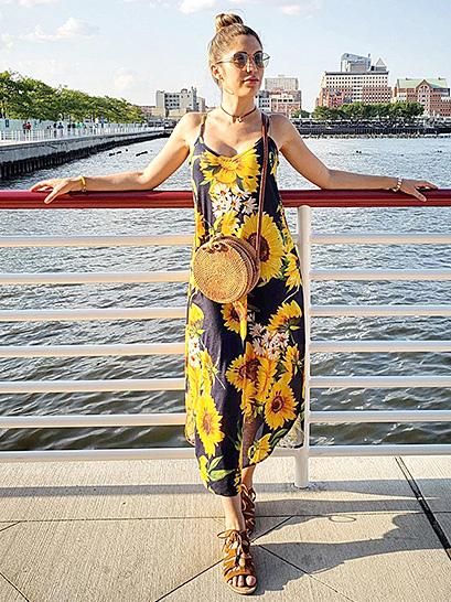 Loose Printed Condole Belt Midi Dress