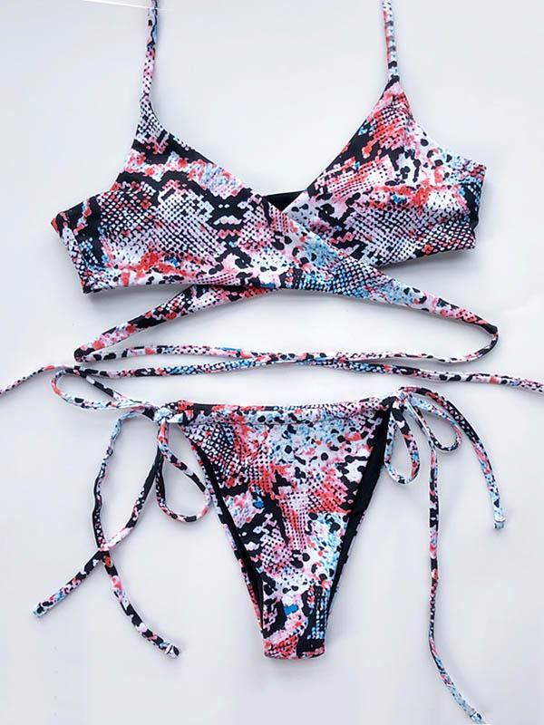 Snake-Print Bandage Split Bikini Swimsuit