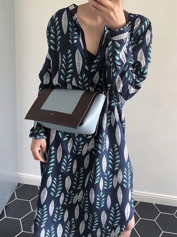 V-neck Leaf Pattern Loose Printed Midi Dresses