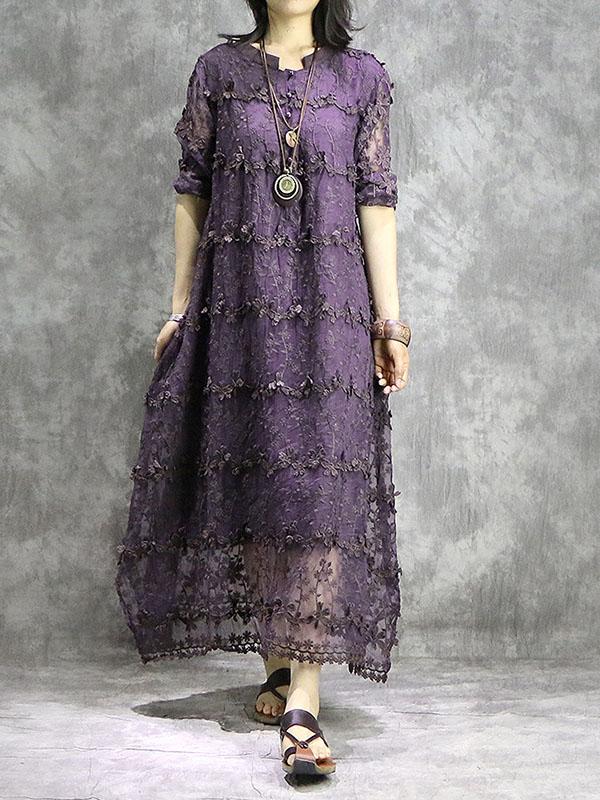 Loose Solid Hollow Flower Embroidered Maxi Dresses
