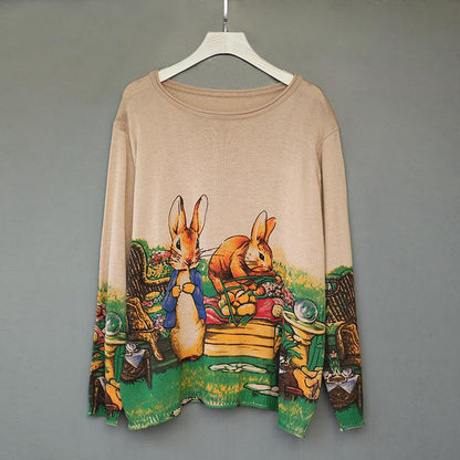 Buykud Cartoon Rabbit Printed Casual Knitted Shirt