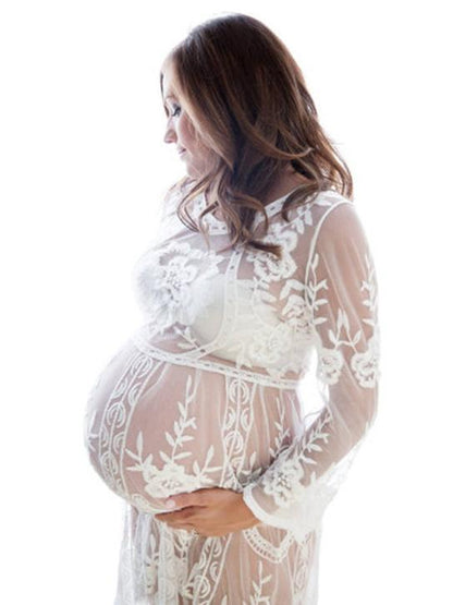 Maternity Hollow Lace Long Sleeve Maxi Dress