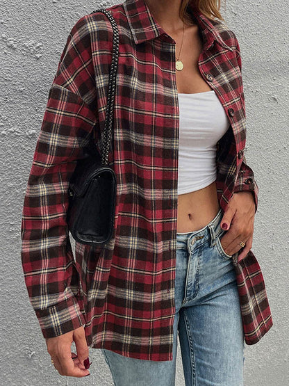 Casual Red Plaid Split-Joint With Pocket Buttoned Lapel Collar Blouse