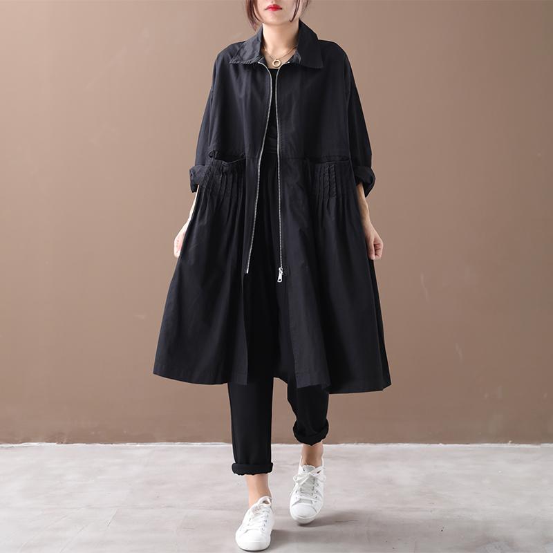 Buykud Literary Casual Pleated Pockets Zipper Trench Coat