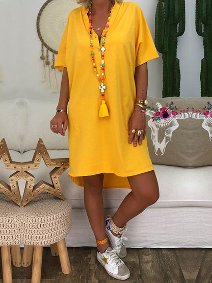 Short Sleeve V-neck Solid Color Mini Dress