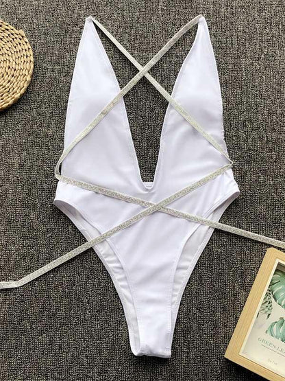 Plain Lace Up Backless One Piece Swimsuit