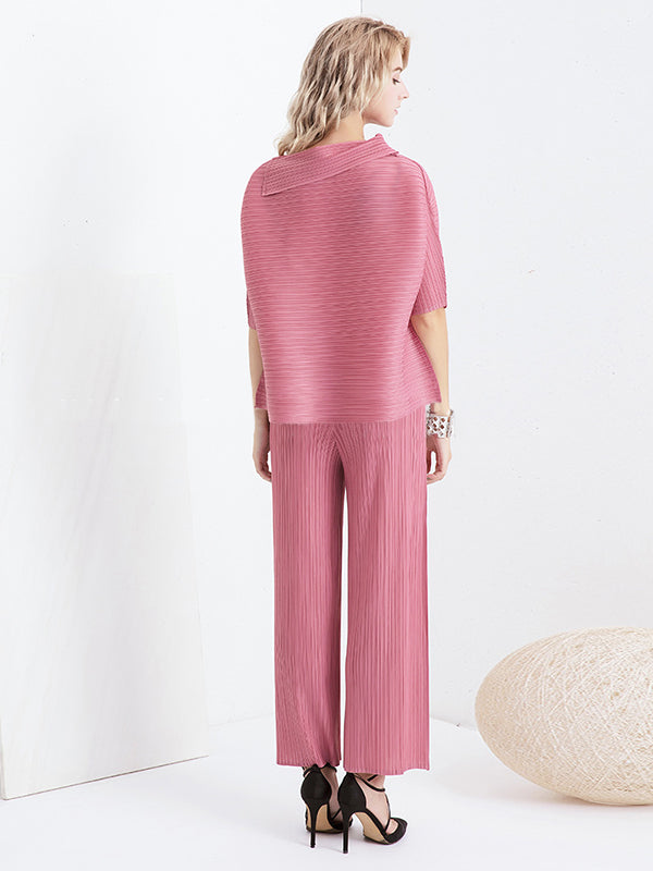 Original Pleated Solid Color Lapel Collar T-Shirt Top