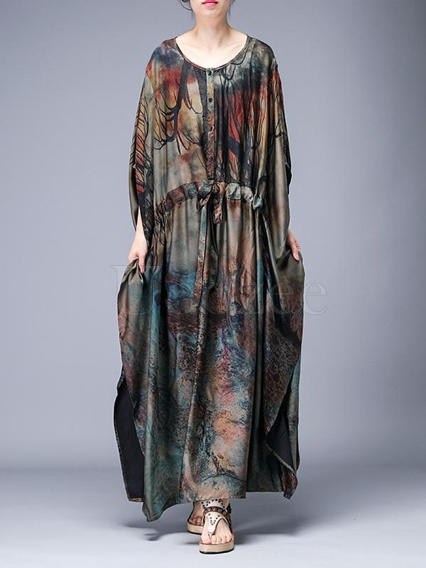 Loose Lace-up Printed Long Dress