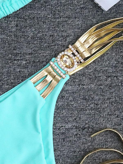 Gorgeous Embellished Triangles Bandage Split Bikini Swimsuit