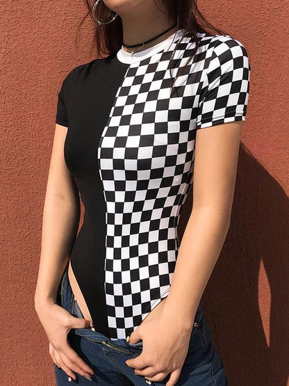 Plaid Short Sleeves Round-neck Bodysuits