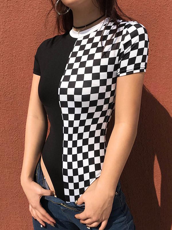 Plaid Short Sleeves Round-neck Bodysuits