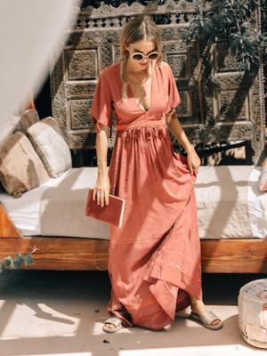 Tasseled Split-joint Deep V-neck Maxi Dress