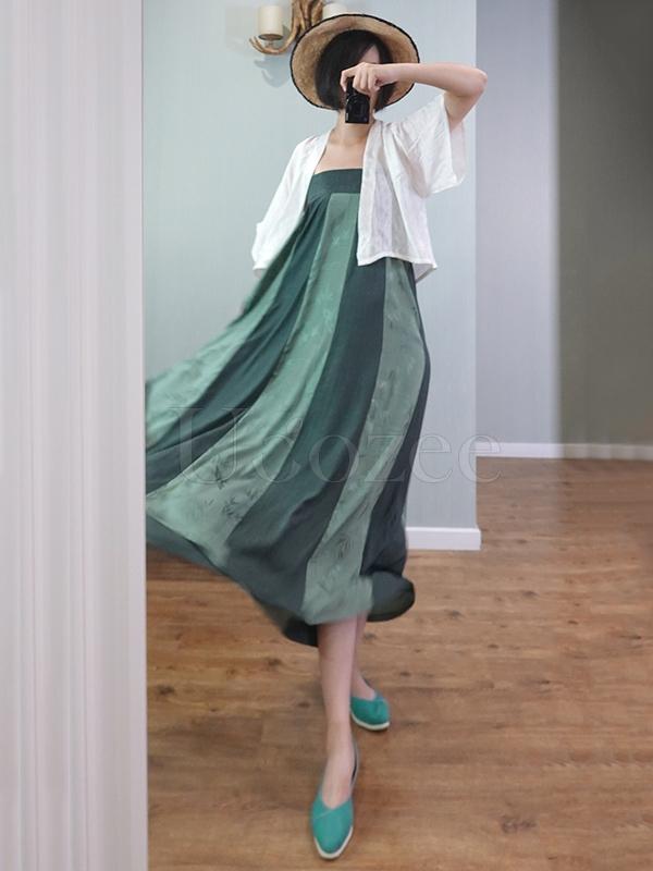 Green Striped Bamboo Jacquard Long Dress